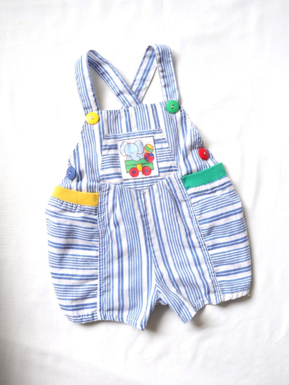 Vintage Elephant Blue Stripe Baby Romper / 9-12M